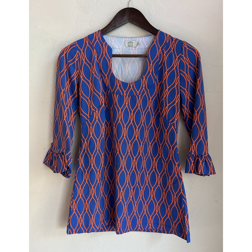 Katherine‎ Way Tunic Top XS Ruffle Geometric Print Sporty Stretch Preppy
